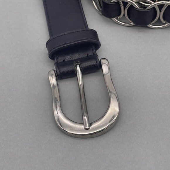 Women's Interlocking Black Leather Belt Adjustable Buckle Closure 52 Inches - Picture 3 of 8